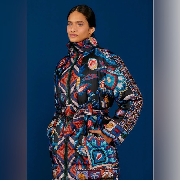 FARM Rio Jackets & Blazers - FARM Rio Black Quilted Puffer Jacket with Multicolor Floral & Geometric Print